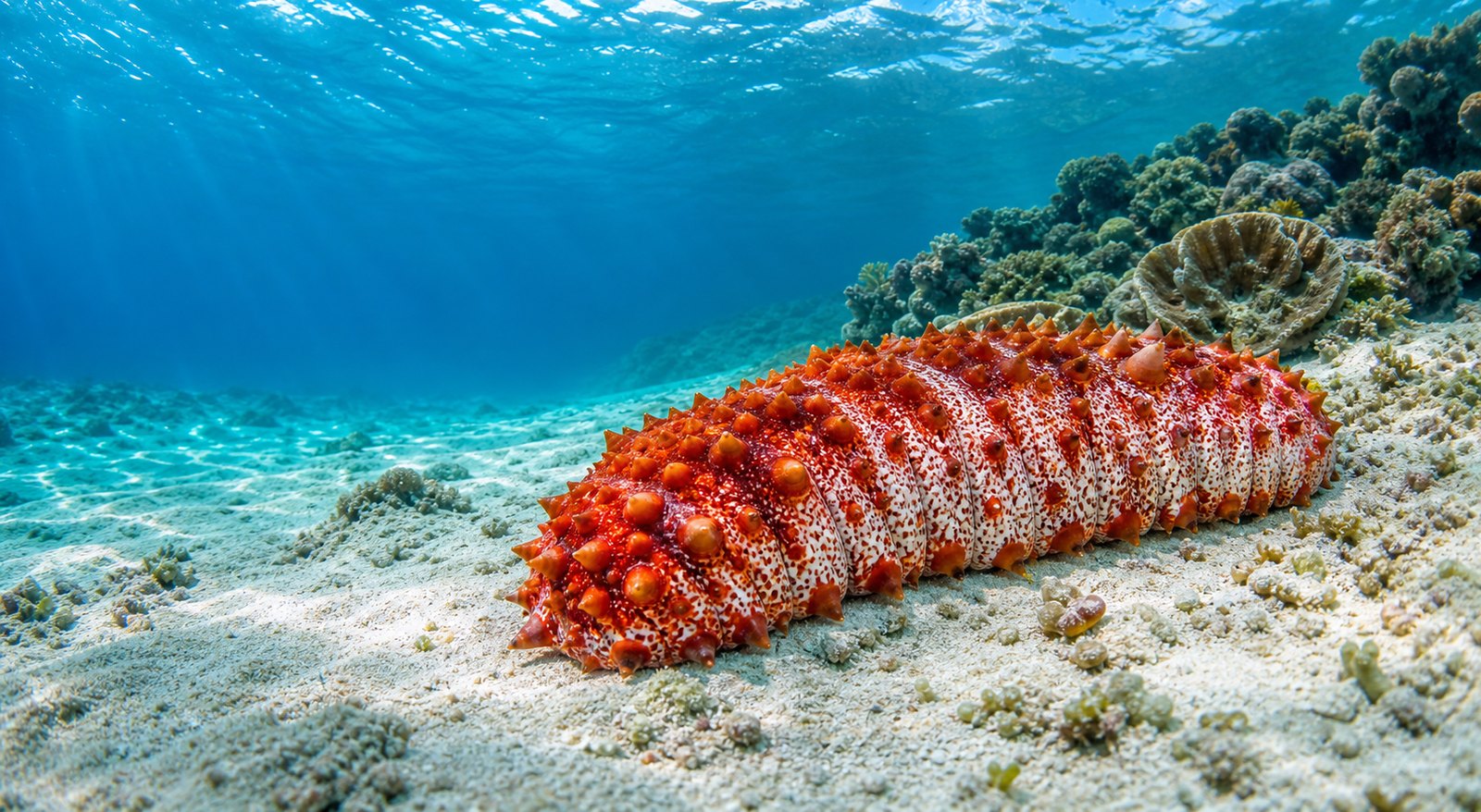 Sea cucumber on a colorful coral reef